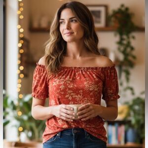 RANCHO ESTANCIA, medium blouse, great condition,  low neck w/elastic